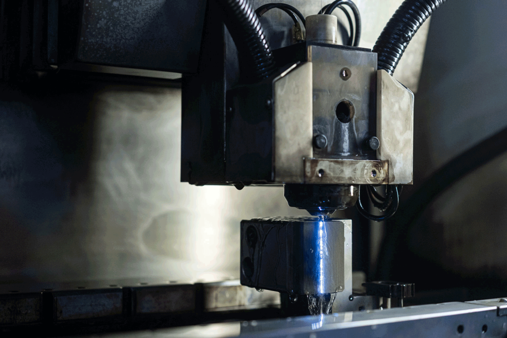 A laser CNC machine cutting into a tooling part.